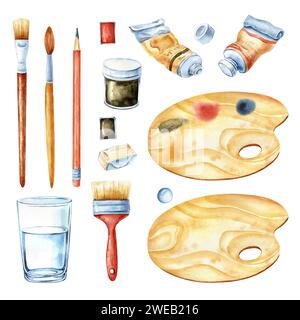 Isolierte Illustration mit handgefertigten künstlerischen Materialien, Pinseln, Farben, Bleistiften, Aquarellen auf weißem Hintergrund. Stockfoto