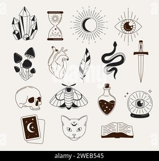 Hexerei, mystisch, astrologisch, esoterisch, magische Objekte, Symbole, Elemente und Symbole Stock Vektor