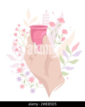 Hand hält eine Menstruationstasse auf einem Blumenhintergrund Stock Vektor