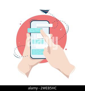 Hände halten ein Smartphone mit einem Messenger-Dialog auf dem Bildschirm, Vektorillustration in flacher Form Stock Vektor