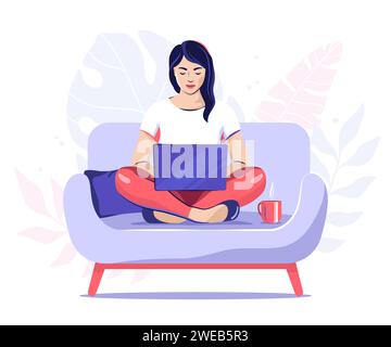 Frau, die an einem Laptop arbeitet und im Kreuz auf einem Sofa sitzt, Vektorillustration Stock Vektor