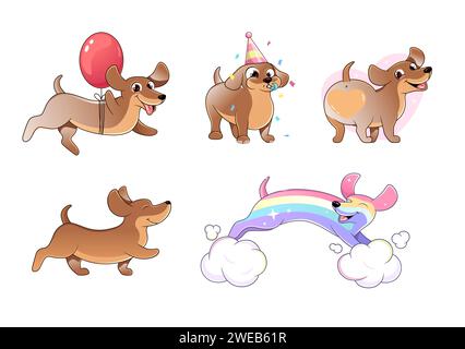 Dackel, Set mit Illustrationen eines glücklichen, lustigen Hundes, Party, Geburtstagskarte Stock Vektor