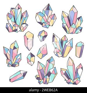 Kristalle, Edelsteine, Mineralien, Satz von Vektorlinien-Symbolen und Zeichnungen Stock Vektor