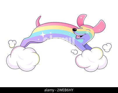Regenbogendackel springt in Wolken, glückliche Hundeillustration Stock Vektor