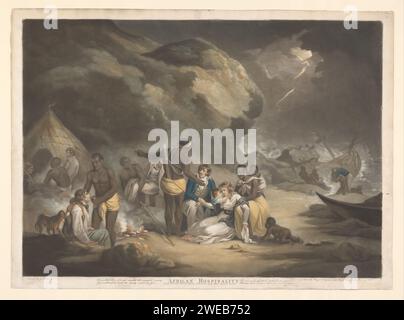 Afrikanische Menschen helfen britischen Schiffbrüchigen, John Raphael Smith, nach George Morland, 1791 drucken London Papier gravieren Schiffswrack. Ertrinkender, Schiffbrüchiger. Sturm auf See. Hilfe (einem gefährdeten Mitmenschen). Trinken. Eine Person vor dem Ertrinken retten. Europäer: Engländer. Afrikaner Westafrika Stockfoto