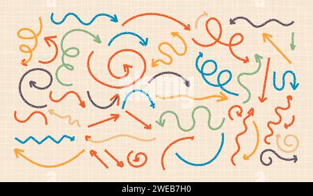 Isolierte Vektorpfeile mit handgezeichneten Kritzelpinselpfeilen und welligen Linien gesetzt. Farbige Grunge-Textur mit schmutzigem Rauscheffekt. Skizzenzeiger, Buntstift Emph Stock Vektor