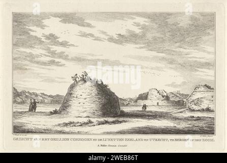Ansicht der Befestigungen Coehoorn, Zeeland und Utrecht in Bergen op Zoom, Simon Fokke, nach Cornelis Pronk, 1774 - 1784 Print Ansicht der Befestigungen Coehoorn, Zeeland und Utrecht in Bergen op Zoom. Ein paar Figuren haben einen Überrest der Festung auf der Spitze bestiegen. Die Zahlen sind links und rechts. Amsterdam Papierätzung Festung Bergen op Zoom Stockfoto