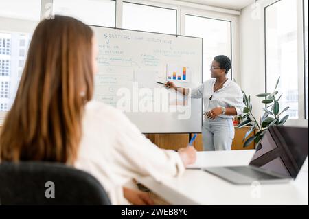 Selbstbewusste afroamerikanische Mentorin oder Coach, die Mitarbeiter im Büro ausbilden, Vortragende in der Nähe des Flipcharts halten und die Entwicklungsstrategie während des morgendlichen Meetings vorstellen Stockfoto