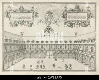 Messe in London, Frans Hogenberg, 1569 Print Blick auf den Innenhof der Royal Fair in London. Mit Gehfiguren. Kartuschen links und oben rechts mit Text in lateinischer (links) und englischer (rechts). In der Mitte eines gekrönten Wappens mit Banderol, auf dem das Motto dieu EST MON droyt steht. Darunter eine zweite Waffe mit dem Motto: Fortun a my. London Paper Radiking / Graving Exchange, Bourse Stipendium Stockfoto