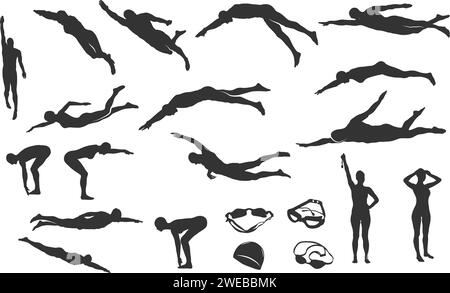 Silhouetten zum Schwimmen, Silhouette zum Schwimmen, Silhouette zum Schwimmen für Frauen, Silhouette zum Schwimmen mit Rückenschlag Stock Vektor