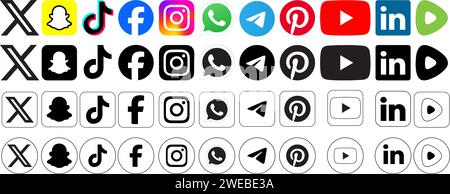 24. Januar 2024: Logos in Farbe, Schwarz und Transparent, quadratische und runde Kanten der Logos der wichtigsten Social-Media-Unternehmen. Facebook, Twitter, Whatsapp, Yout Stock Vektor