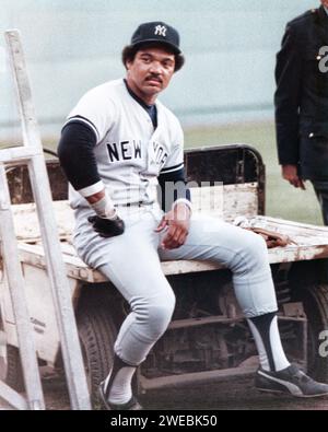 Reggie Jackson, New York Yankees, Fenway Park, Boston, MA, Juni 1977. Stockfoto