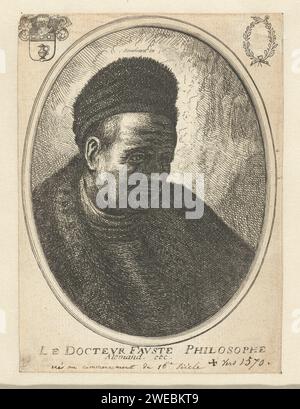 Bartloser Mann in einem Pelzmantel und Kappe: Bust, Balthazar Moncornet, nach Rembrandt van Rijn, 1631–1668 Druckpapier-Ätzkopf (mit NAMEN). Erwachsener Mann. Waffenlager, Heraldik Stockfoto