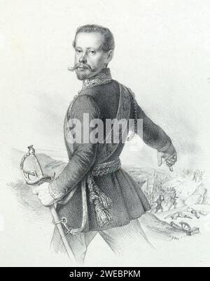 Victor Emmanuel II. (1820–1878) König von Sardinien Porträt von Victor Emmanuel, mit einer Schlacht im Hintergrund (1848) von Paolo Emilio Morgari Stockfoto