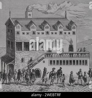 Paris, Frankreich. Hotel de la Chambre des comptes im Innenhof des Palais. Stich von Albert Coinchon nach einem Holzschnitt in Sebastian Münsters Cosmographia universalis, veröffentlicht 1552 in Basel. "Moeurs, usages et Kostüumes au moyen-âge et à l'époque de la Renaissance" von Paul Lacroix. Paris, 1878. Stockfoto