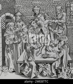 Simon von Trient (1472-1475). Italienischer Kleinkind Protagonist einer Blutverleumdung, nach der er in einem jüdischen Ritual getötet wurde. Das Martyrium von Simon von Trient. Stich nach 'Liber Chronicarum Mundi' mit Zeichnungen von Pierre Wolgmuth. Nürnberg, 1493. "Moeurs, usages et Kostüumes au moyen-âge et à l'époque de la Renaissance" von Paul Lacroix. Paris, 1878. Stockfoto