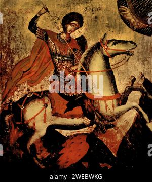 Ikone von St. Georg, dem Drachenjäger auf dem Pferd, Maler Angelos. Benaki-Museum aus dem 15. Jahrhundert Athen Griechenland. Stockfoto