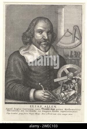 Porträt von Elias Allen, Wenceslaus Hollar, nach Hendrik van der Borcht (II), 1666 Druck Porträt des englischen Instrumentenbauers Elias Allen, mit seinen Instrumenten. Papierätzungsmessgeräte Stockfoto