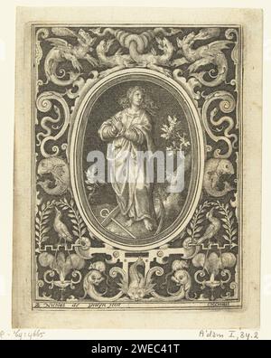 Plat-Dekoration mit Spes, Nicolaes de Bruyn, 1639 - 1706 Druck Blatt 2 der Serie mit 4 nummerierten Blättern mit flachen Dekorationen. SPEs, stehend in Oval. Im Rahmen in der Mitte von vier Drachen, von denen zwei mit verdrehten Schwänzen. Schattierter Hintergrund. Druckerei: Netherlandspublisher: Amsterdamer Papierstich Hope, 'Spes'; 'Speranza divina e certa' (Ripa)  eine der drei theologischen Tugenden Stockfoto