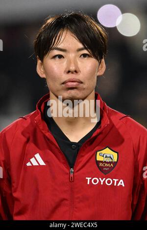 Rom, Italien. Januar 2024. Saki Kumagai von den A.S. Roma Women während des 5. Tages Gruppe C der UEFA Women's Champions League zwischen A.S. Roma und FC Bayern München, 24. Januar 2024 im Stadio Tre Fontane in Rom, Italien. Quelle: Unabhängige Fotoagentur/Alamy Live News Stockfoto