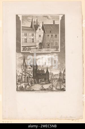 Gesichter an der Außen- und Innenseite des Regulierspoorts in Amsterdam, Jan Goeree, 1760 Druck am unteren Rand des Regulierspoorts von außerhalb der Stadt, mit dem Rokin rechts und dem Singel links. Rechts vom Tor schließen die Ziele ab und im Hintergrund die neue Kirche. Der obere Teil des Aufdrucks zeigt das gleiche Tor von der Stadtseite aus. Amsterdam Papierätzung / Gravur Brücke in der Stadt über Fluss, Kanal, etc. City Gate Mint Tower. Erstes reguläres Gate Stockfoto