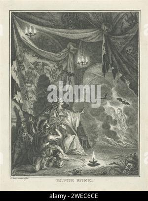 Saul bei der Hexe von Endor, Simon Fokke, 1766 Print Saul besucht die Hexe von Endor mit zwei Dienern, um den Geist des verstorbenen Samuel zu konsultieren. Saul und seine Diener sind auf der linken Seite gedrungen, der Geist Samuels ist im Hintergrund erschienen. Der dunkle Raum ist voller teuflischer Figuren und Schädel dieser Druck ist Teil einer Serie über die Geschichte von David und Saul. Amsterdamer Papier, das den Geist Samuels ätzt, erscheint der Hexe von Endor; Saul fällt niedergeschlagen zu Boden Stockfoto