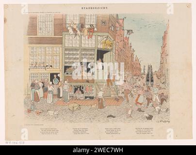 Stadtbild, Gerrit Willem Dijsselhof, 1891 Print Männer, Frauen und Kinder in traditionellen Trachten rund um das Café „im vergoldeten Olivant“ an der Straßenecke. Eine Metzgerei unter dem Café. Links ein Kind auf einem Wagen, das von zwei Schweinen gezogen wurde. Rechts eine Gruppe kämpfender Männer und Frauen. Hunde, die hinter ihnen laufen, und ein Regiment marschiert Soldaten. Papieransicht der Stadt im Allgemeinen; „Veduta“. Volkstracht, regionale Tracht. Kämpfen. Wegmarsch (Truppen) Stockfoto