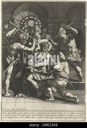 Christus wird mit der Krone gekrönt, Anonym, nach Johann Sadeler (I), nach Maerten de Vos, 1590–1638 Druck Christus wird von den Soldaten verspottet. Er bekommt eine Krone auf dem Kopf und einen Grashalm wie ein Zepter. Der Druck hat eine lateinische Unterschrift mit einem Text aus der Bibel und ist der sechste Druck einer vierzehnteiligen Serie über die Passion Christi. Nach dem Druck von: Antwerppublisher: Südholländisches Papier mit Dornenkrone: Soldaten mit Stöcken legen eine Dornenkrone auf den Kopf Christi und geben ihm ein Rohr (Matthäus 27:27-31; Markus 15:16-20; Johannes 19:2-3) Stockfoto