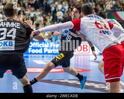 Köln, Deutschland. Januar 2024. Julian Koester (Deutschland #18) mit Tempo, Deutschland vs. Kroatien, Handball EM, Handball, Herren, 24.01.2024 Foto: EIBNER/Michael Schmidt Credit: dpa/Alamy Live News Stockfoto