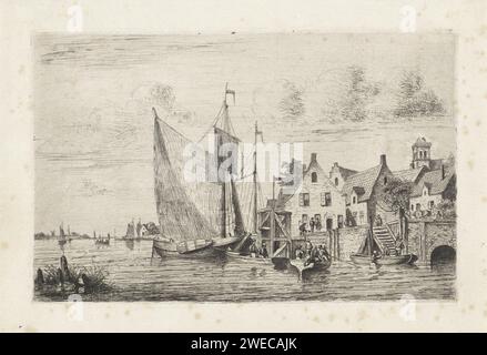Segelschiffe und Slops auf dem Kai in der Nähe eines Dorfes Henri Adolphe Schaep, 1856 Druckpapier, das Landschaften mit Wasser, Wasserlandschaften, Meereslandschaften (in der gemäßigten Zone) graviert. Ruderboot, Kanu usw. Stockfoto