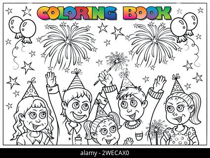 Kinder Malbuch - Happy New Year - Silvester Stock Vektor