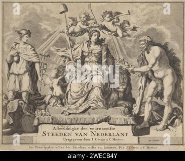 Allegory at the Republic of the Sieben United Netherlands, Laurens Screen, 1720–1772 Print in der Mitte ist die Personifikation der Republik der Sieben Vereinigten Niederlande mit einem Bündel Pfeile in der Hand. Zwei Putten legen ihr Wertsachen auf den Schoß und auf der anderen Seite ist ein Löwe. Über ihren beiden Putten mit einem Palmenzweig als Siegessymbol und einer Trompete. Auf der linken Seite befindet sich Quecksilber und auf der rechten Seite übergibt Hercules Eichenblätter als Symbol der Macht an die Niederlande. In der Mitte des Titels der Serie. Amsterdamer Papiergravur Personifizierungen von Ländern, Nationen, staaten, ländern Stockfoto