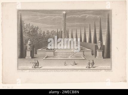 Brunnen in Tuin Versailles, Jean Raymond, nach Dominique Girard, 1705 - 1747 Druck links vom Brunnen eine Statue, Personifikation des Wassers. Rechts vom Brunnen eine Statue, Personifikation des Frühlings. Auf dem Brunnen zwei Gruppen von Tieren: Links ein Tiger mit einem Bären, rechts ein Schweißhund mit einem Hirsch. Paris Papiergravur / Ätzwasser (eines der vier Elemente). Feder, „Ver“; „Primavera“ (Ripa). Statuen, Skulpturen im Garten Schloss Versailles Stockfoto