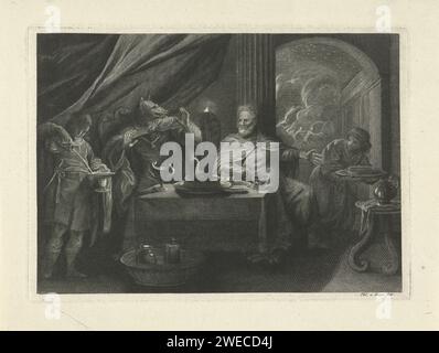 Jupiter verwandelt König Lycaon in einen Wolf, Philip van Gunst, 1685–1732 Druck im Vordergrund, Jupiter König Lycaon verwandelt sich in einen Wolf. Lycaons 50 Söhne werden von einem Blitz getroffen, rechts im Hintergrund. Lycaon hatte versucht, Jupiter zu betrügen, indem er seinen Sohn Arcas abschlachtete und ihn als Abendessen anbot. Amsterdam Papierätzung / Gravur Lycaon verwandelte sich in einen Wolf: Jupiter verwandelt Lycaon in einen Wolf als Strafe dafür, dass er dem Gott, der am Tisch sitzt, Menschenfleisch zum Essen dargebracht hat; Lycaons Haus wird von Blitzen getroffen (Ovid, Metamorphoses I 237) Stockfoto