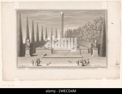 Fontein van Diana Te Versailles, Jean Raymond, nach Dominique Girard, 1705 - 1747 Print Ansicht der Fontäne von Diana, zu Recht eine Statue von Diana (von Desjardins) mit Hülle. Links vom Brunnen eine Statue der Venus (von Marly). Zwei Skulpturen auf dem Brunnen: Ein Löwe mit einem Wildschwein und ein Löwe mit einem Wolf. Unten nummeriert: 13. Paris Papiergravur / Ätzung Statuen, Skulpturen im Garten. (Story of) Diana (Artemis). (Geschichte) Venus (Aphrodite) Schloss Versailles Stockfoto