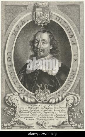 PortraT van Georg Ulrich von Wolkenstein und Rodenegg, Cornelis Galle (II), nach Anselm van Hulle, 1649 Druck Portrait von Georg Ulrich von Wolkenstein und Rodenegg, Gesandter für Österreich während der Friedensverhandlungen von Münster. Porträt in Oval mit Motto: Diligam in Domine Fortitudo MEA. Unter dem Familienwappen von Wolkenstein-Rodenegg. Antwerpener Papiergravur Stockfoto