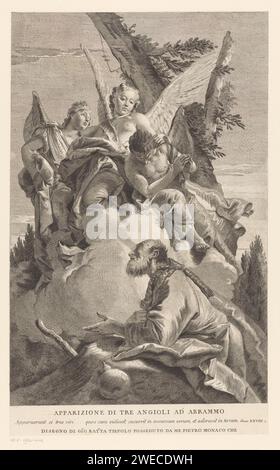 Abraham en de Drie Engelen, Pietro Monaco, nach Giovanni Battista Tiepolo, 1717–1763 Druck Abraham kniet und mit gefalteten Händen gegenüber drei Engeln in einer Landschaft. Text in STUDMARGE. Italien Papierätzung / Gravur Abraham kniet vor den Engeln Stockfoto