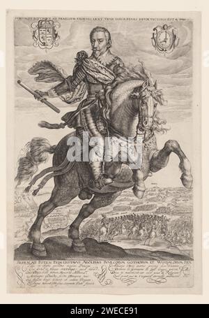 Reiterporträt von Gustaaf II. Adolf, Crispijn van de Passe (I), 1631 gedrucktes Reiterporträt von Gustaaf II. Adolf, König von Schweden. Im Hintergrund die Schlacht bei Gartz an der oder (1631). De Passe nutzte die Aufzeichnung für dieses Porträt seines 30 Jahre alten Zaumporträts von Prinz Maurits in der Schlacht von Nieuwpoort. Über dem Druck ein Bibelzitat aus Zaubersprüchen. Am Rande der Name und Funktion der dargestellten Person, ein sechszeiliges Lob in lateinischer und ein vierzeiliges Lob in französischer Sprache. Utrechter Papiergravur Stockfoto