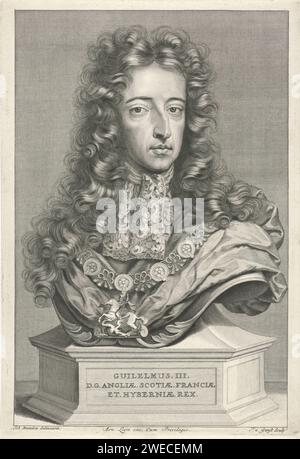 Porträt von Wilhelm III., Prinz von Oranje-Nassau, König von England, Pieter van Gunst, nach Jan Hendrik Brandon, 1689–1731 Druckbüste von Wilhelm III., Prinz von Oranje-Nassau, König von England. Er trägt das Ordenszeichen des Strumpfhaltes. Amsterdamer Papiergravur Ritterorden Stockfoto