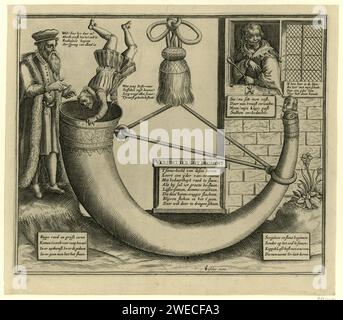 Die Vorstellung des Sprichs „Denken bevor Sie beginnen“, Anonymous, 1618 moralistische Darstellung, die manchmal als Karikatur über die Arminianer im Jahr 1618 interpretiert wird. Die Inschrift in der Mitte „Versint Honor Ghy Beghint“ zeigt das Thema der Aufführung besser an. Trotz der Warnungen eines alten Mannes taucht ein junger Mann in die weite Öffnung eines großen Horns ein. Dann bleibt er jedoch im engen Ende stecken Auf der rechten Seite blickt ein lächelnder Nar aus dem Fenster und drückt die Moral des Abdrucks aus: „Denkt, bevor ihr anfängt“ oder „er arbeitet in der Ecke“. Siehe auch die Interpretation von Stockfoto