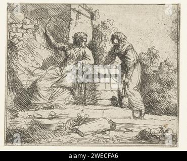 Christ and the Samaritan Woman, Jan Lievens, 1625–1674 Printpapier mit der Ätzung Christi und die Frau von Samaria: Sitzend am Brunnen Jakobs bittet er sie um einen Drink aus ihrem Krug Stockfoto