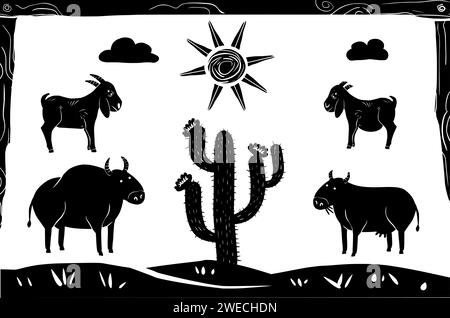 Tiersymbole im Nordosten Brasiliens. Vektoren im Holzschnitt Stock Vektor