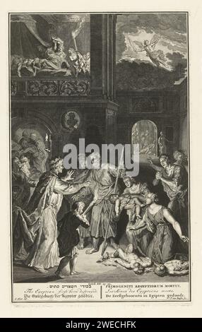 Tod der Erstgeborenen in Ägypten, J. van Buysen, nach Gerard Hoet (I), ca. 1711 - ca. 1720 Druck Gott bestraft die Ägypter, indem er alle Erstgeborenen tötet. Ein totes Kind kann in jedem Haus bereut werden. Der Pharao-Sohn wurde ebenfalls getötet. Direkt über dem Engel Gottes, der den Tod über Ägypten gebracht hat. Illustration für das Alte Testament, Exod. 12: 29-33. Unter der Show ein Titel in Hebräisch, Englisch, Deutsch, Lateinisch, Französisch und Niederländisch. Amsterdam (möglicherweise) Papier ätzt / graviert die Pest des Erstgeborenen: Der zerstörende Engel durchquert das Land und tötet jeden ägyptischen Erstgeborenen von Mensch und Tier Stockfoto