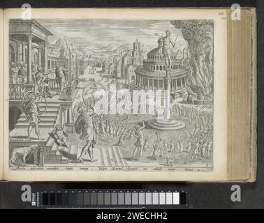 König Nebukadnessar und die Anbetung der Goldenen Statue, 1643 Druck König Nebukadnessar hat eine goldene Statue errichten lassen und hat die Aufgabe gegeben, dass jeder nach dem Bild bücken sollte. Eine Menge beugt sich vor dem Bild im Klang der Trompete. Ein Mann sagt dem König, dass Sadrach, Mesach und Abednego sich weigern, sich zu verbeugen. Die drei Männer werden mitten im Hintergrund gefangen genommen. Ganz rechts wird ein Ofen angezündet, um jeden zu verbrennen, der sich nicht beugt. Unter dem zeigen Sie dann einen Verweis auf den Bibeltext in lateinischer Sprache. 3: 1. Dieser Ausdruck ist Teil eines Albums. Amsterdam Papier mit Gravur des d Stockfoto