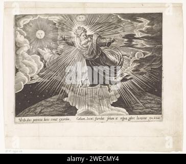 Schöpfung des Lichts, Anonym, 1585 drucken der erste Tag der Schöpfung: Gott der Vater schwimmt über der Erde mit gestreckten Armen und Er trennt das Licht von der Dunkelheit und dem Tag der Nacht. Auf der linken Seite sehen Sie Sonne und Mond auf der rechten Seite. Über Gott, der Vater, das Tetragramm. Unten ein Hinweis auf den lateinischen Bibeltext. Antwerpener Papierstich zwischen Licht und Dunkelheit Stockfoto