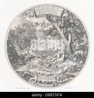 Das Goldene Zeitalter, Johann Theodor de Bry, nach Nicolaes de Bruyn, nach Abraham Bloemaert, drucken 1608 arkadische Landschaft mit Gruppen von Männern und Frauen, die angenehm entspannt sind. Geh zwischen ihnen und liege verschiedene Tiere. Mitten in einer Wolke schaut Saturn auf das goldene Zeitalter. Über ihm eine Banderole mit französischem Text mit einer Erklärung über das goldene Zeitalter. Frankfurt am Main Papier, das das goldene Zeitalter „Aetas aurea“ graviert; die Menschen leben glücklich und sammeln Früchte unter der Herrschaft des Saturns Stockfoto