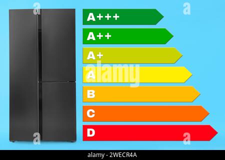 Energieeffizienzkennzeichnung und Kühlschrank auf hellblauem Hintergrund Stockfoto