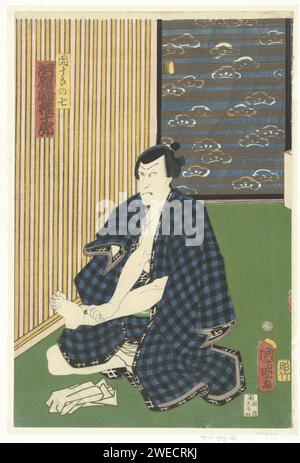 Kawarasaki Gonjuro als Ichikawa Danjuro VII, Kuniaki (II), UTAGAWA, 1862 Druck der Schauspieler Kawarasaki Gonjuro in der Rolle des beliebten Schauspielers Ichikawa Danjuro VII, sitzend mit überkreuzten Beinen, einem blau karierten Kimono über den Schultern. Japan Papier nishiki-e / Farbholzschnitt Porträt des Schauspielers, Schauspielerin. Schauspieler (auf der Bühne). Sitzende Figur Stockfoto