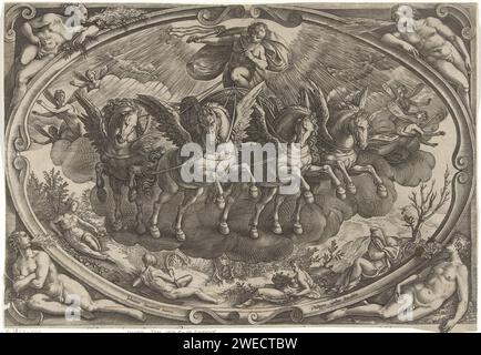 Apollo im Solarauto, Philips Galle, nach Jan van der Straet, ca. 1578 - ca. 1582 drucken Central auf eine Kartusche, Apollo (SOL) in seinem Wagen in der Luft. Die Personifizierungen der vier Jahreszeiten sind auf dem Boden. In den Ecken außerhalb der Kartusche die vier Personifizierungen der Jahreszeiten. Der Druck ist Teil einer Serie über die vier Jahreszeiten. Druckerei: Antwerpen Design von: Florenzepublisher: Antwerpener Papierstich (Geschichte von) Apollo (Phoebus). Jahreszeiten (ESP. Personifizierungen); „Saison“, „die vier Jahreszeiten“ (Ripa) Stockfoto