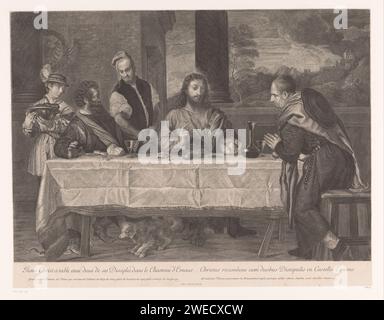 Mahlzeit in Emmaus, Antoine Masson, 1646 - 1700 Druckpapier Ätzen / Gravieren des Abendessens in Emmaus: Christus wird beim Segen oder Brechen des Brotes erkannt Stockfoto